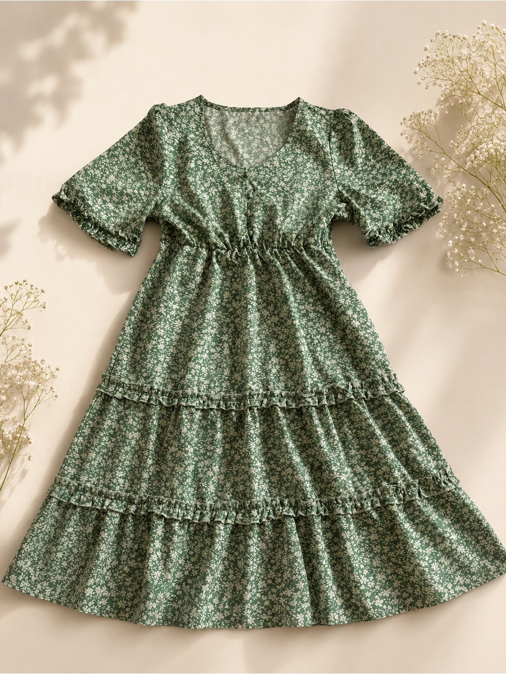 Sage Green Floral Tiered Midi Dress Cottagecore Boho Prairie Dress